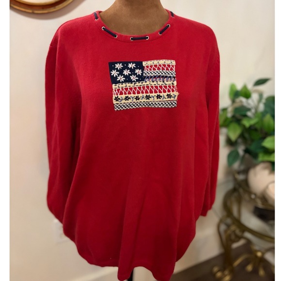 Alfred Dunner Red Patriotic American Flag Embroidered Sweatshirt - Picture 1 of 4